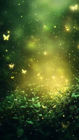 Glowing butterflies drift through an enchanted emerald forest