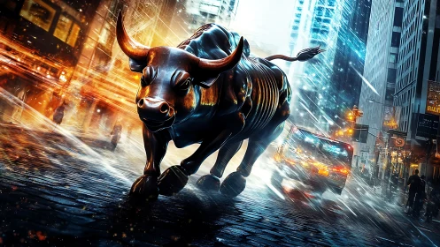 Chromed bull sculpture charging through wet neon financial street