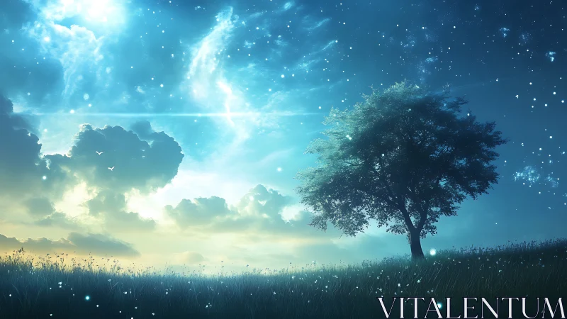 Solitary tree under glowing night sky and drifting clouds.