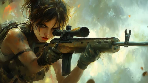 Battle-hardened sniper steadies her aim amid swirling chaos.
