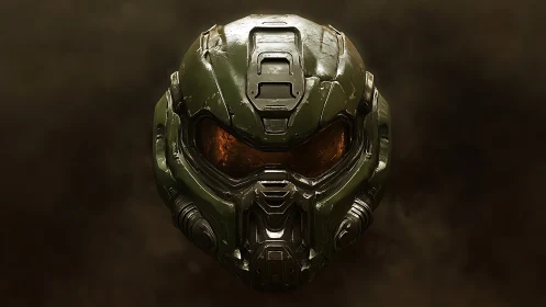 Battle-worn sci-fi combat helmet with reflective visor