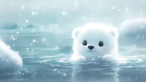 Cute white bear cub swimming in calm icy blue water.