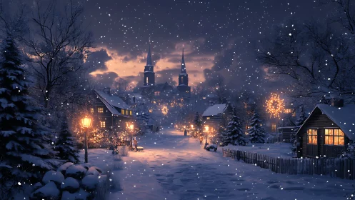 Snow covered village street illuminated by warm lights at dusk