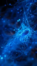 Glowing blue cell floats inside dense neural like network