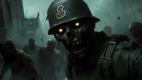 Militarized necrotic infantry with luminescent ocular cavities.