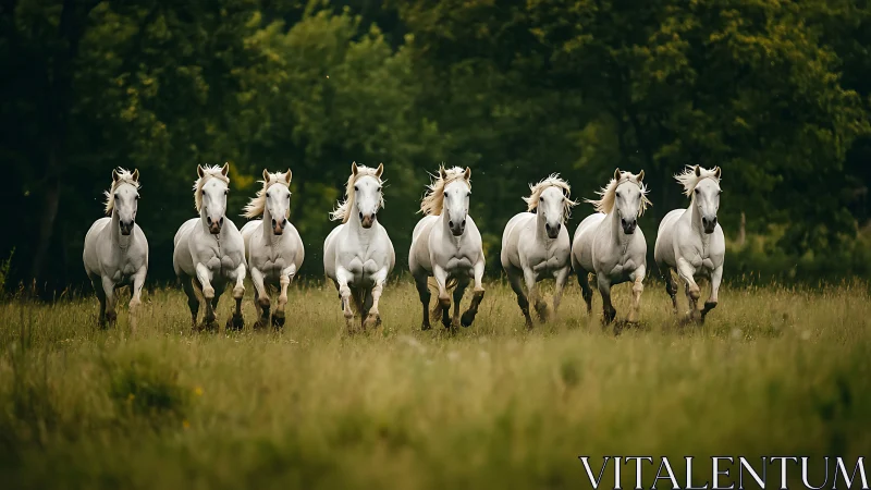 Charging white horses in synchronized gallop across meadow