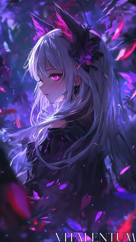 Fox-eared moonshadow girl in neon petals and violet dusk.