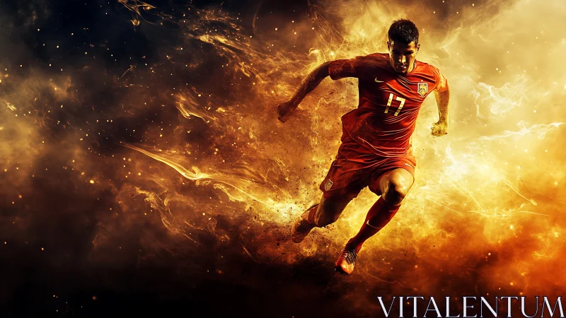 Blazing soccer runner bursts forward in a storm of energy