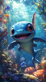 Cartoon sea dragon swims among colorful reef fish underwater