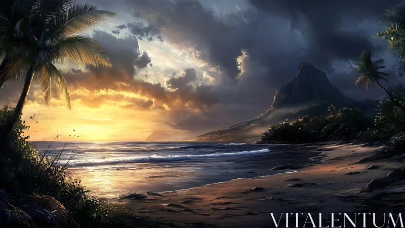 Tropical Sunset Over a Secluded Paradise Beach.