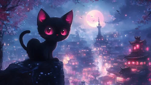 Moonlit kitten watching over a glowing fantasy cityscape.