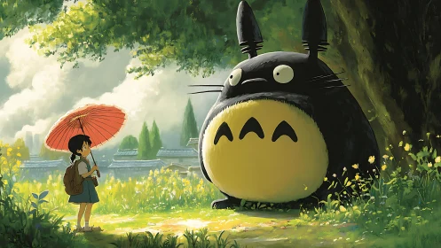 Shy girl meets gentle forest giant under a sunlit umbrella.