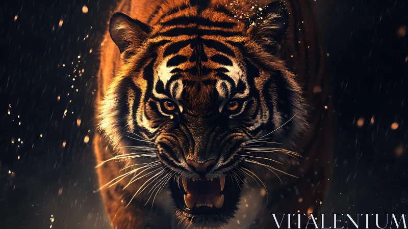 Cinematic low key close up of roaring tiger in rainstorm