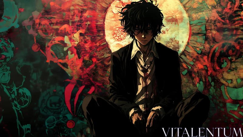 Brooding wanderer rests before a swirling painted sun