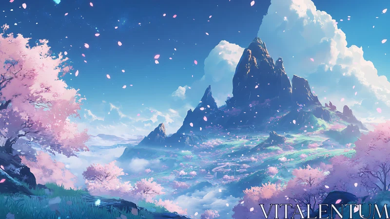 Blossom valley beneath starlit mountains and drifting petals.