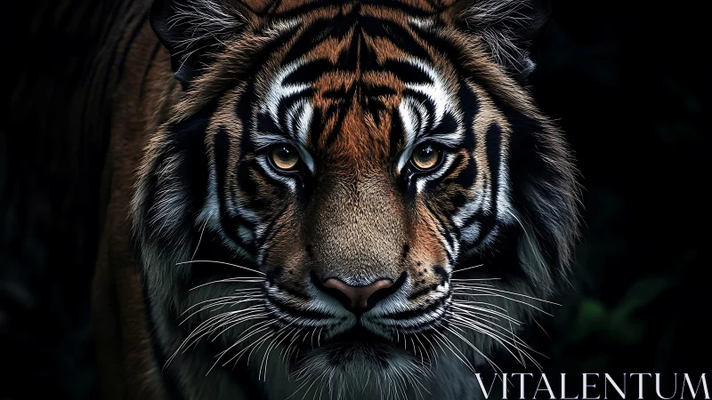 Golden-eyed tiger steps from the shadows with calm strength