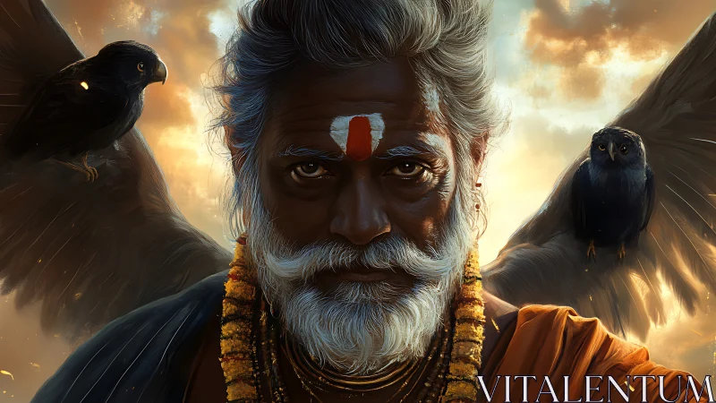 Mystical elder with hawks against dramatic glowing sky.