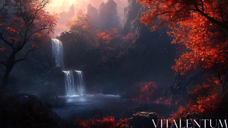 Luminous Waterfall Through Autumn Forest.