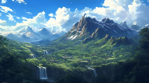Epic digital landscape with towering mountains and waterfalls.