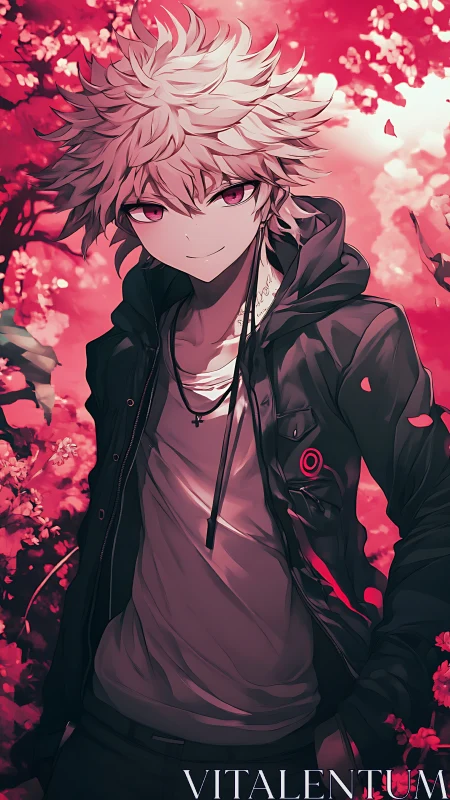 White haired anime boy stands in vivid crimson garden