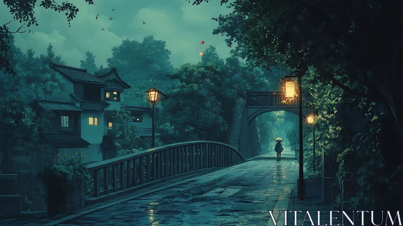 Rain-soaked riverside bridge at dusk rendered in digital painting