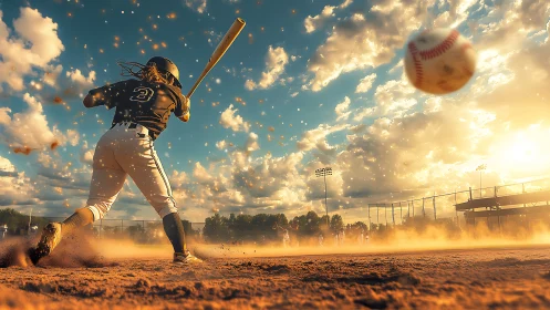 Baseball batter swings at incoming pitch on dusty infield