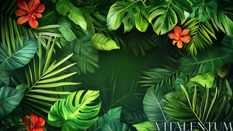 Lush tropical jungle leaves with bright welcoming blooms.
