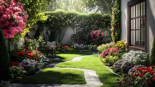 Residential garden with curved path and dense flowering borders.