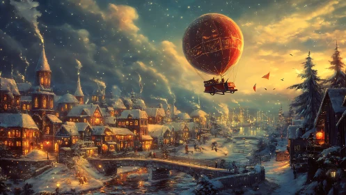 Snow covered townscape with hot air balloon over river at dusk.