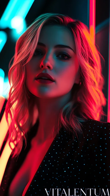 Neon-lit portrait with bokeh highlights and cinematic depth.