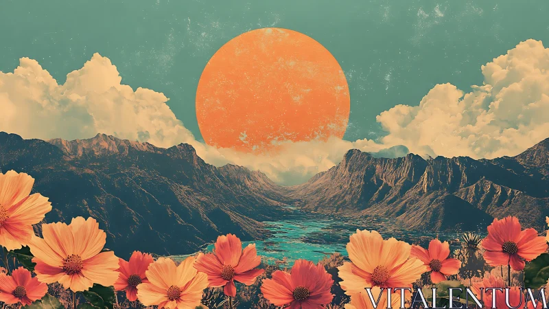 Surreal floral valley under oversized orange sun.