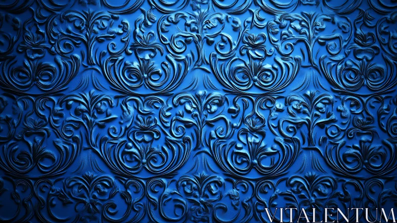High-relief blue ornamental surface with symmetric baroque floral motifs