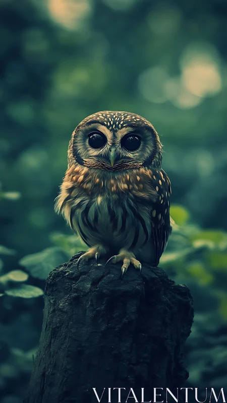 Barred owl perched on stump in softly diffused forest bokeh