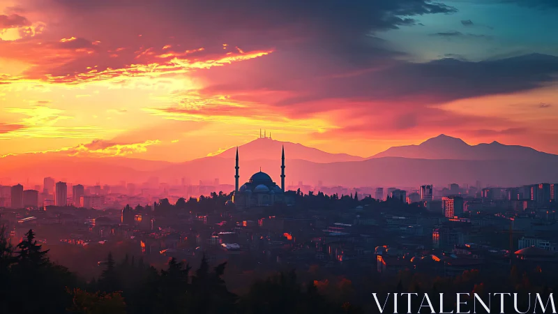 Sunset skyline bathes a distant mosque and city in warm glow