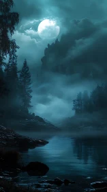 Moonlit misty lake below towering haunted cliff castle.