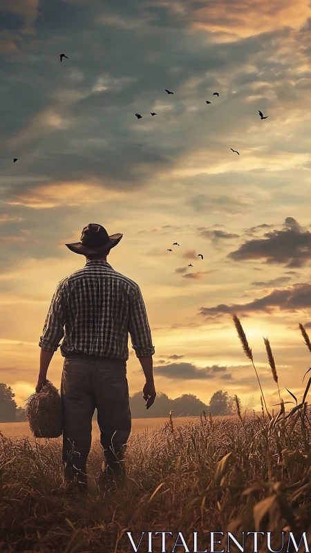 Sun-tired farmer lingers beneath a sky full of wandering birds