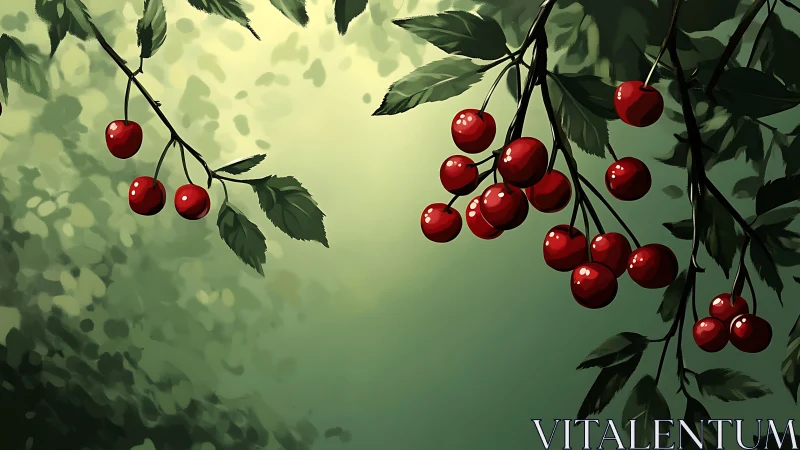 Sunlit cherry branches shimmering in a quiet green haze.