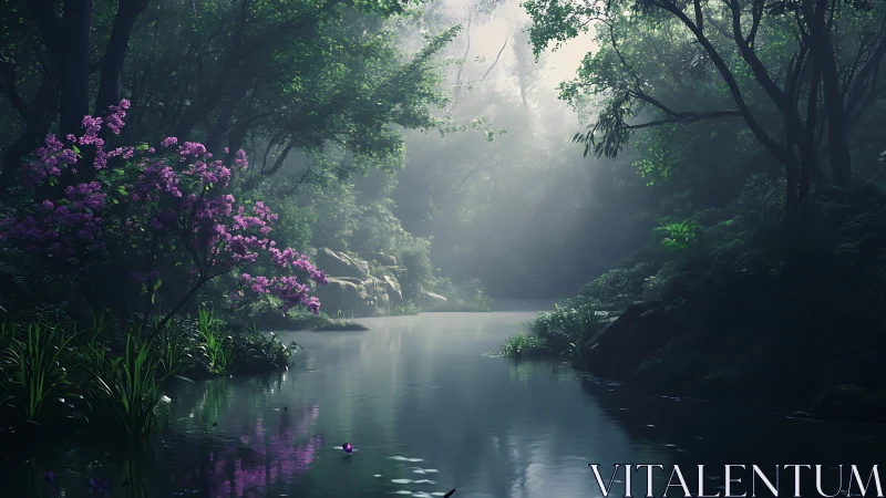 Misty forest gorge with magenta flowering shrubs and water.