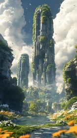 Soaring verdant spires above a tranquil fantasy river valley.