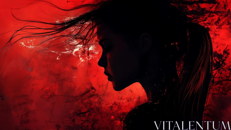 Silhouetted woman in crimson storm, windswept and brooding.