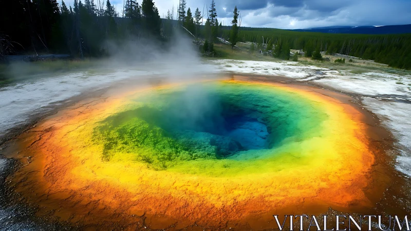Vivid rainbow hot spring shimmers beneath stormy forest sky