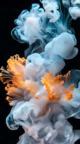 White and orange ink diffusion plumes in dark liquid medium.