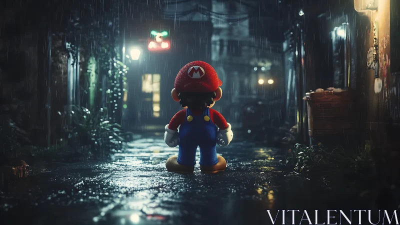 Mario figure stands in rainy neon lit alley at night.
