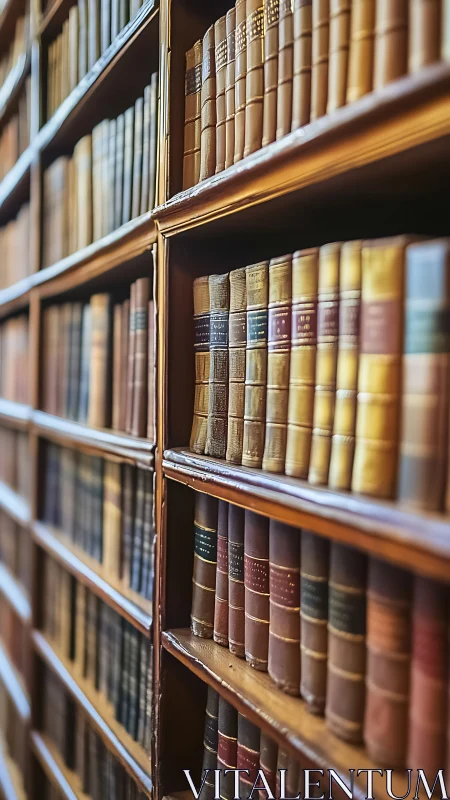 Shelves of leather bound books in a traditional library.