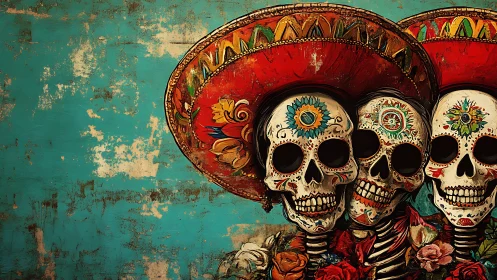 Joyful sugar skull trio in vivid D&iacute;a de Muertos hats.