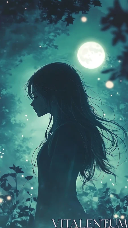 Moonlit girl silhouette drifts through glowing forest night.