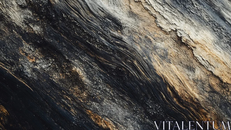 Striated stone surface with dark flowing mineral veins.