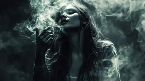 Ethereal woman emerging through swirling monochrome smoke.