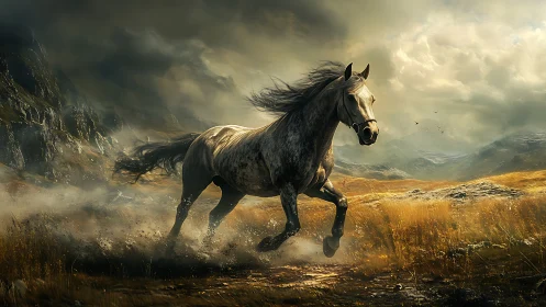 Wild grey horse gallops through misty golden highlands