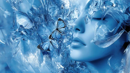 Monochrome cyan female visage merges with glassy ice and butterflies